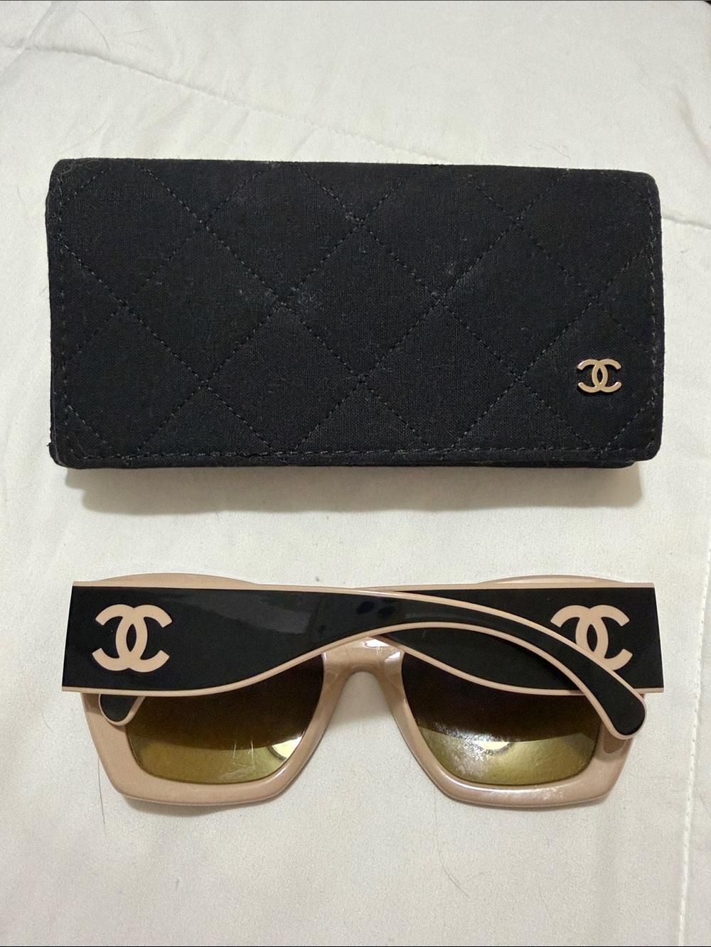 CHANEL Beige and Black Logo Brow Bar Sunglasses with Quilted Black Case